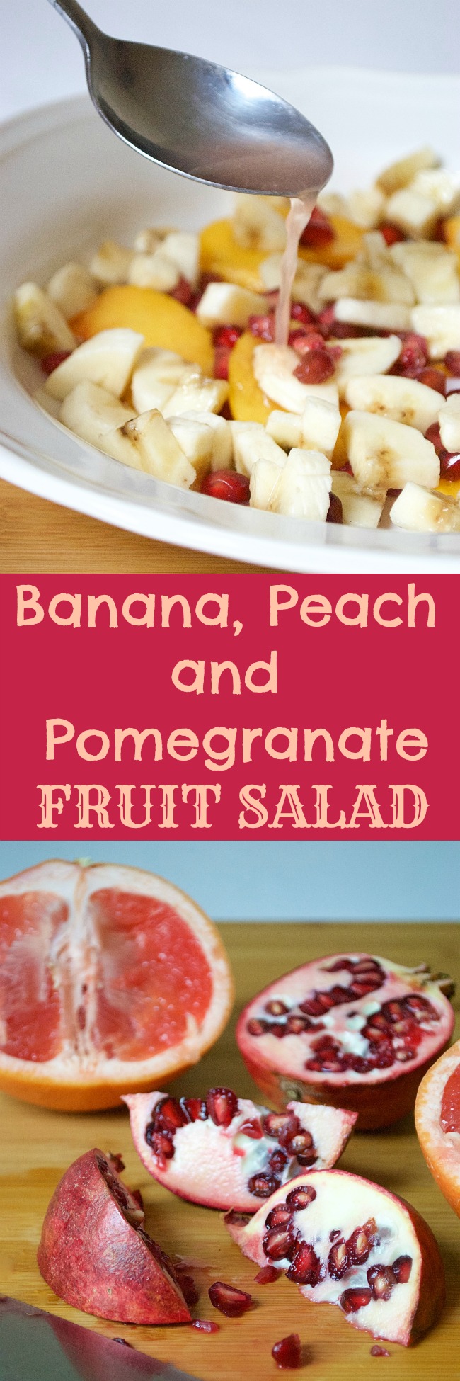 Banana, Peach and Pomegranate Fruit Salad. This fruit salad is so delicious and refreshing- not to mention versatile! Try using as a topping for yogurt or simply on its own for a healthy boost!