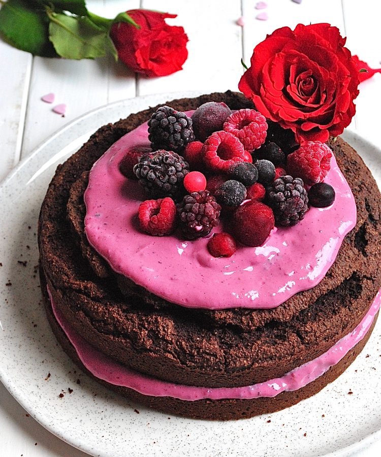 Chocolate Brownie Cake with Berry Yogurt Buttercream. Fudgy, melt in your mouth chocolate cake with a sweet, tart yogurt buttercream. Healthy deliciousness at its finest. YUM.